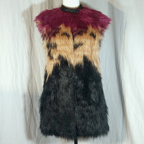 Diesel burgundy, black & tan faux fur vest, S, EUC - Picture 1 of 8